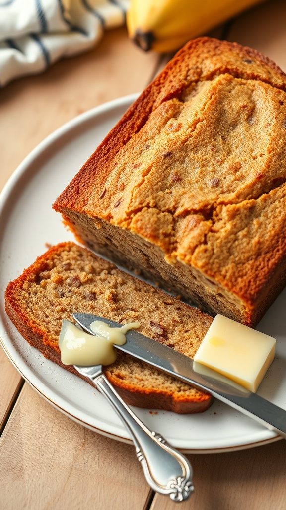 Deliciously sliced banana bread with butter on a plate.