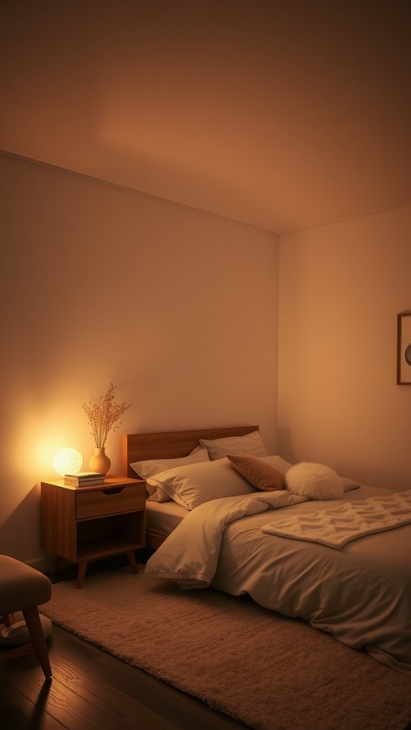 A minimalist bedroom with soft, warm lighting creating a cozy atmosphere.