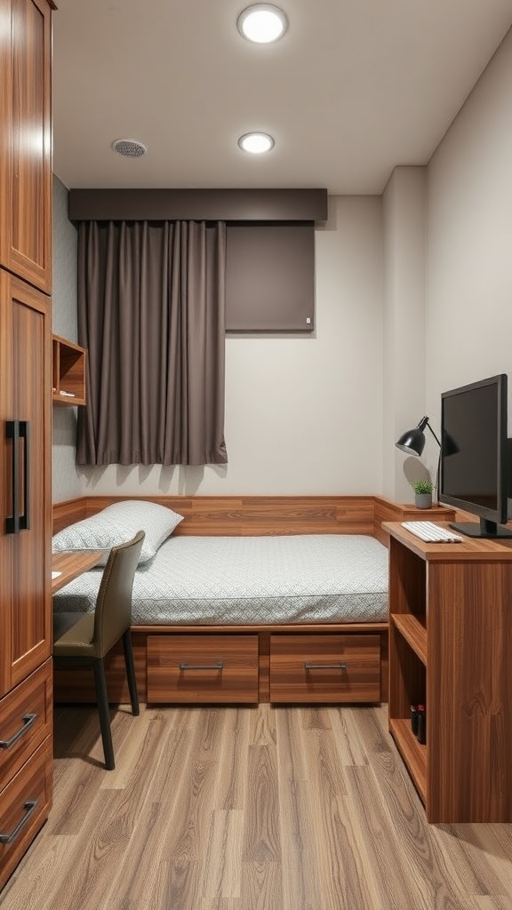 A small, minimalist bedroom with multi-functional furniture including a bed with storage drawers and a compact desk.