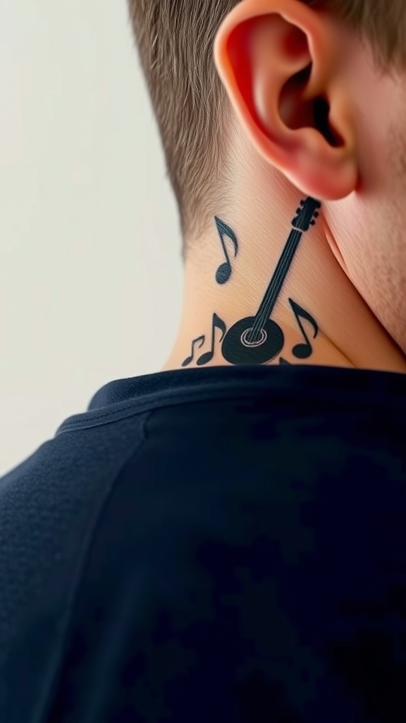 A tattoo behind the ear featuring a guitar and musical notes.