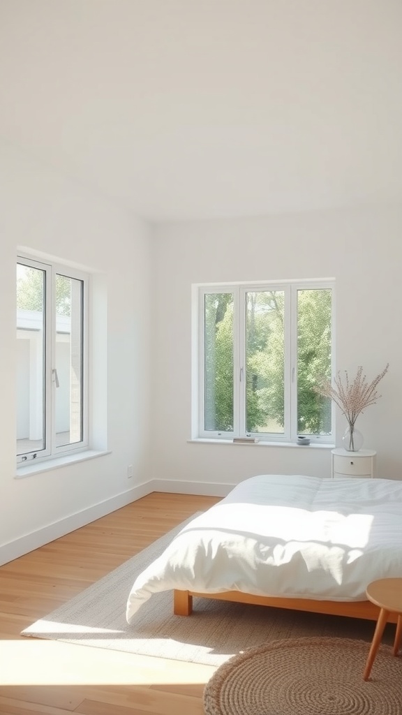 A minimalist bedroom filled with natural light, featuring large windows and simple furnishings.