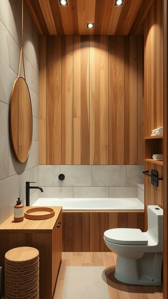 A Japandi bathroom featuring natural wood accents and textures.