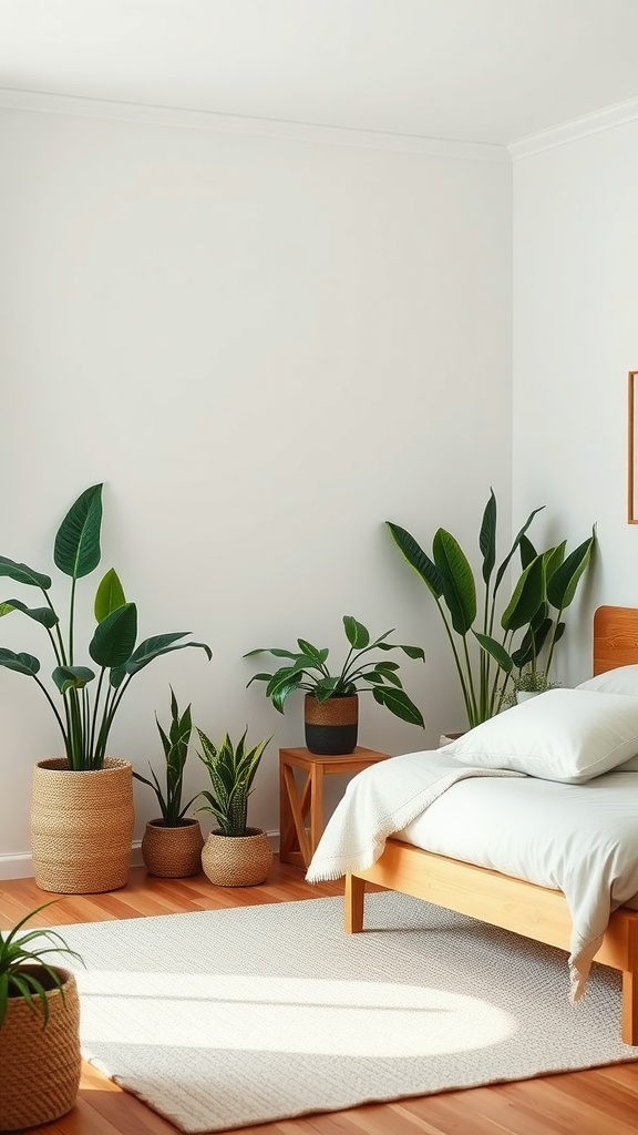 A minimalist bedroom featuring various houseplants in stylish pots, emphasizing nature-inspired design.