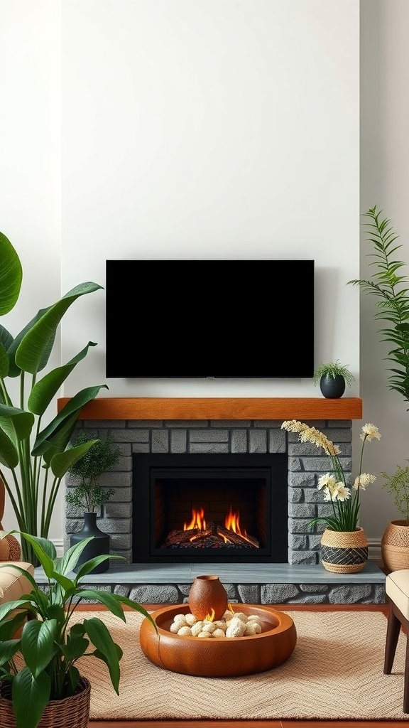 Cozy living room with a gas fireplace and a TV above it, surrounded by plants.