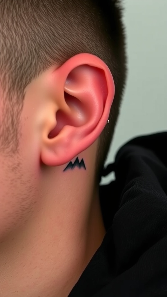 A close-up of a mountain tattoo located behind a man's ear.
