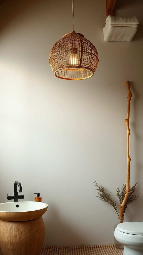 Nature-inspired woven pendant light fixture in a Japandi-style bathroom.