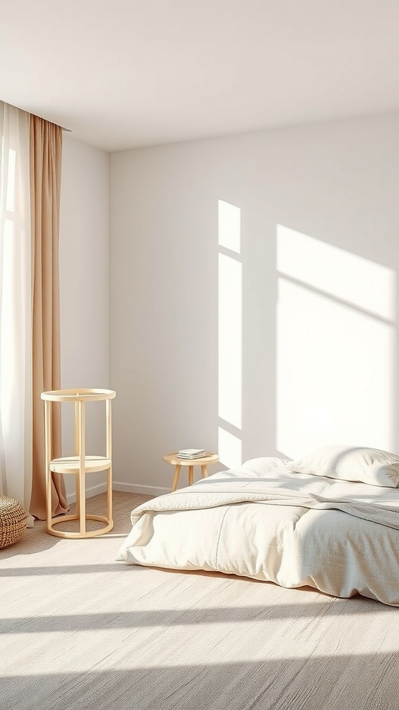 Minimalist bedroom with neutral color palette, featuring soft white walls, beige curtains, and wooden furniture.