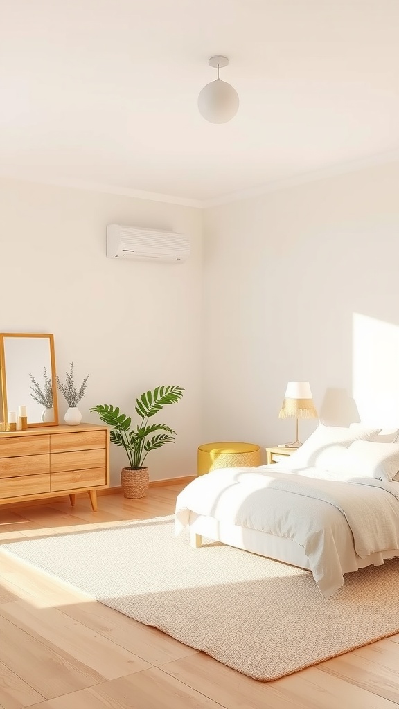 A minimalist bedroom with neutral colors, featuring a bed, plants, and wooden furniture.