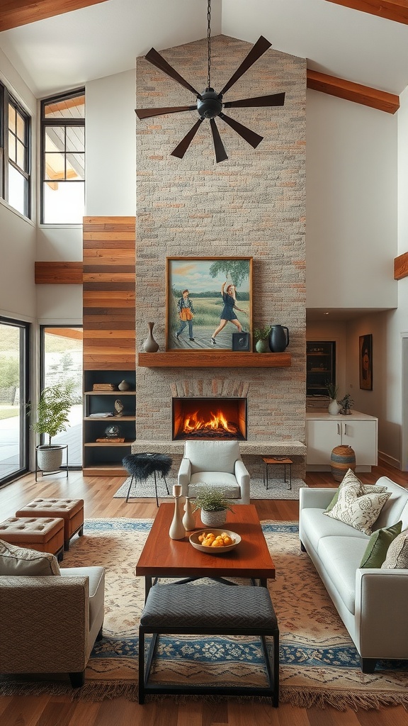 Open concept living room with a rustic fireplace, wooden accents, and natural light.