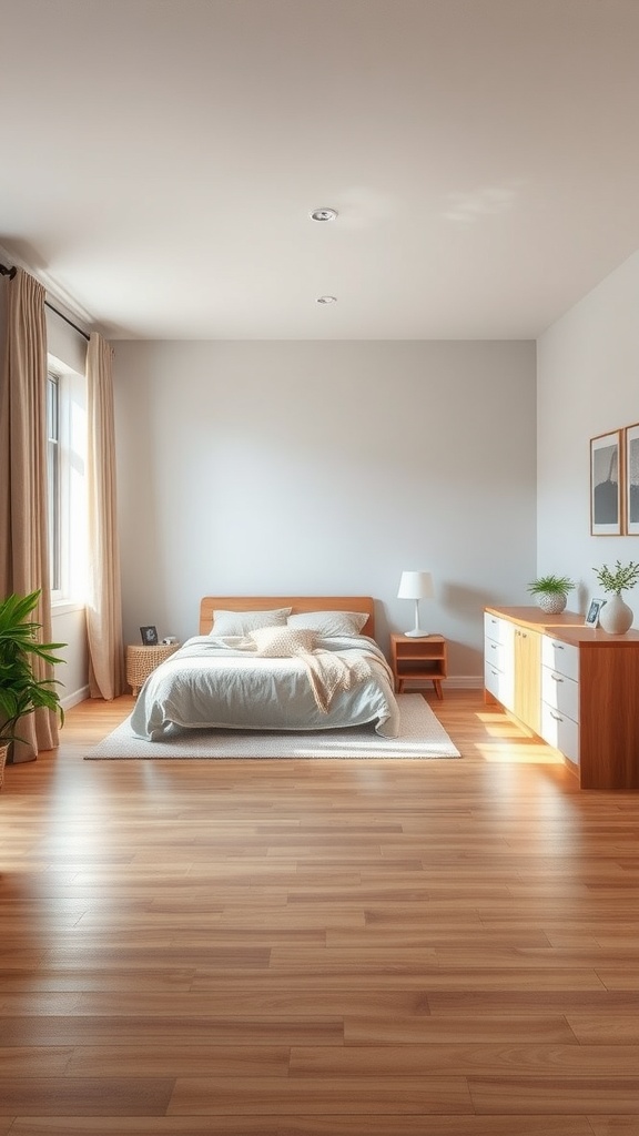 Minimalist bedroom with an open floor plan featuring a bed, wooden furniture, and plants.