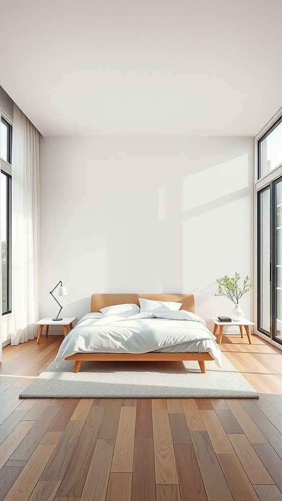 Minimalist bedroom featuring an open layout with a bed, nightstands, and large windows.