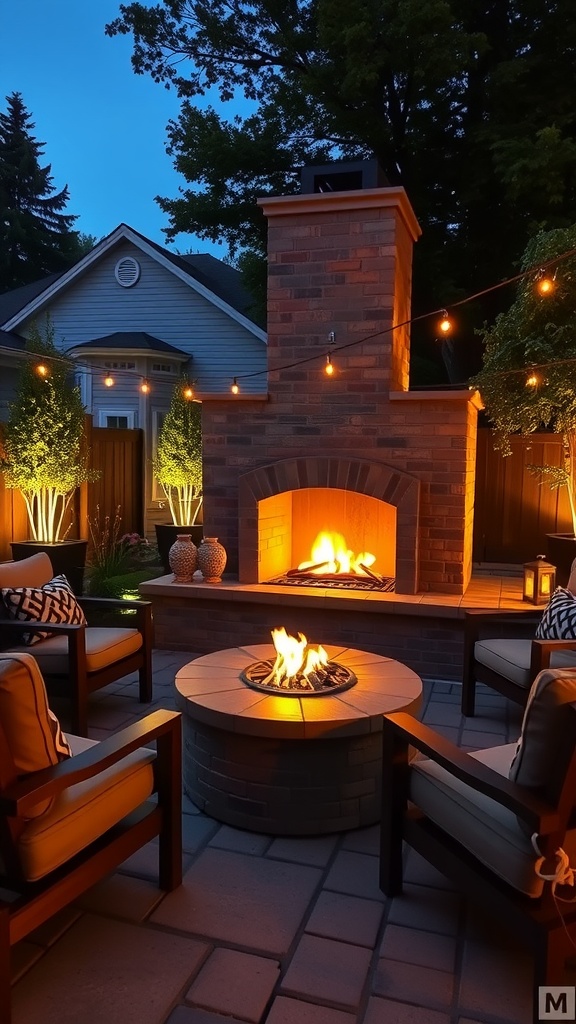 Outdoor gas fireplace with a brick chimney, surrounded by comfortable seating and string lights.