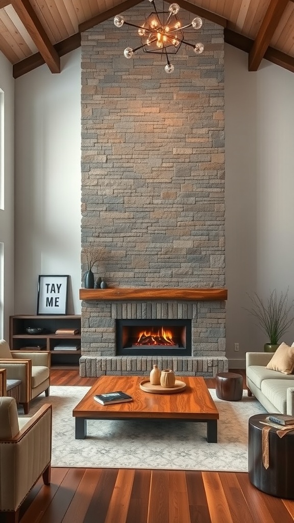 A modern rustic living room featuring an oversized stone fireplace, wooden beams, and stylish furniture.