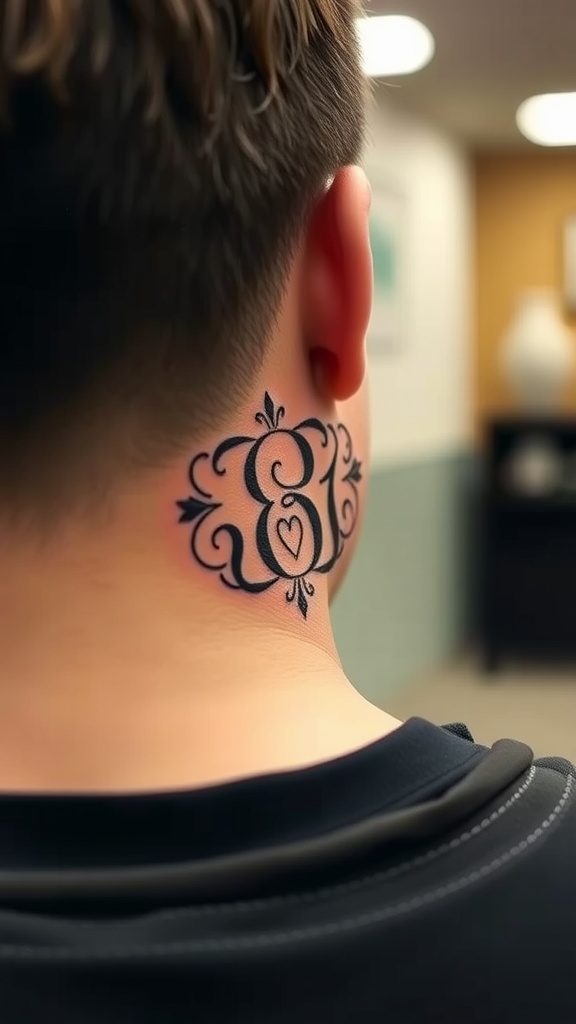 Close-up of a trendy tattoo with initials and decorative elements behind the ear.