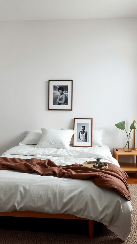 A minimalist bedroom featuring a bed with white linens, a brown throw, and framed black-and-white photos on the wall.