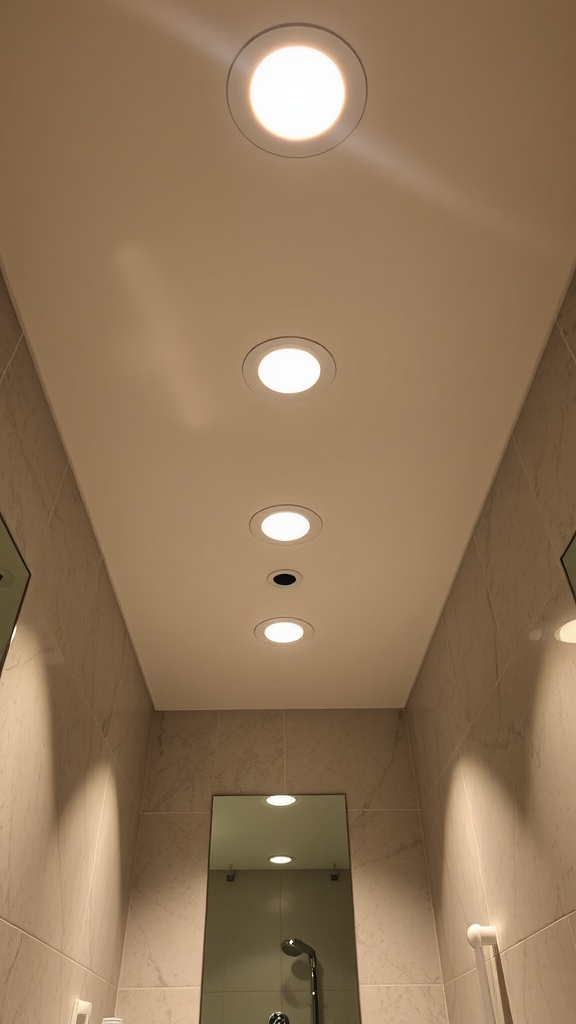 Recessed lighting fixtures in a modern bathroom ceiling