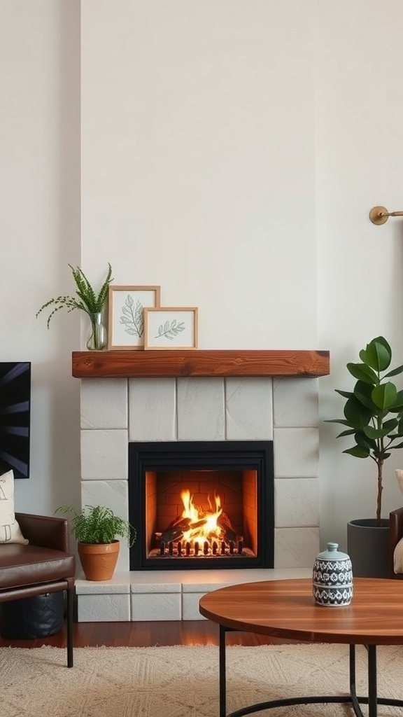 A modern rustic fireplace with a reclaimed wood mantel and stone base.