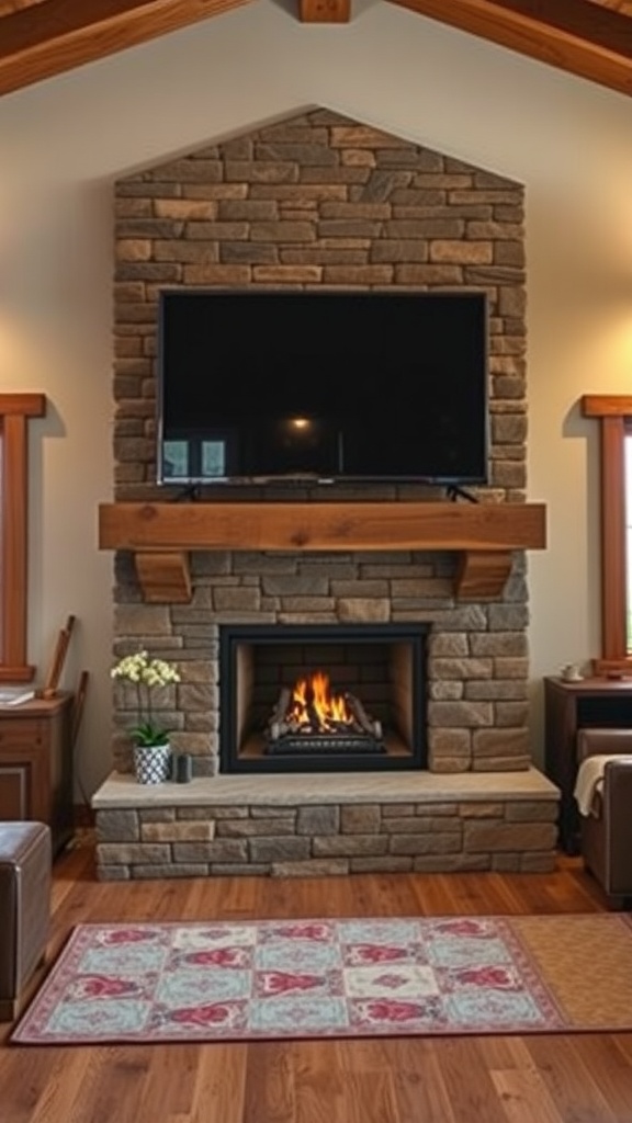 A cozy living room featuring a gas fireplace with a wooden mantle and a TV mounted above.
