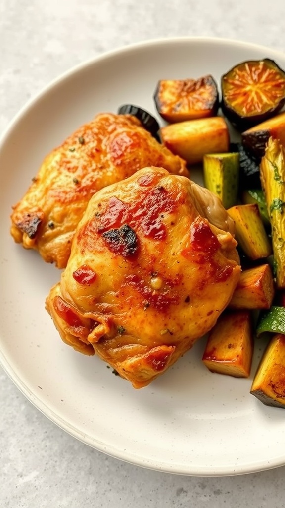 Deliciously cooked chicken thighs served with colorful vegetables