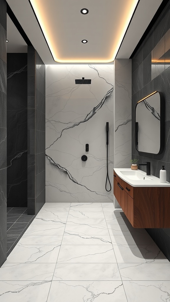 Modern Japandi bathroom with sleek lines, elegant fixtures, and integrated technology