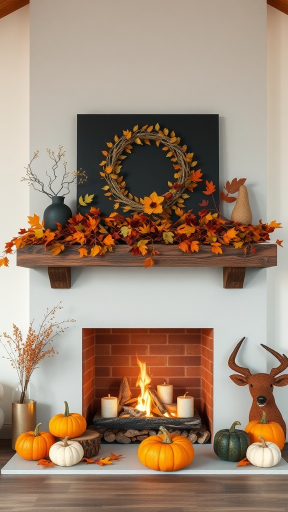 A cozy fireplace decorated for autumn with pumpkins and leaves