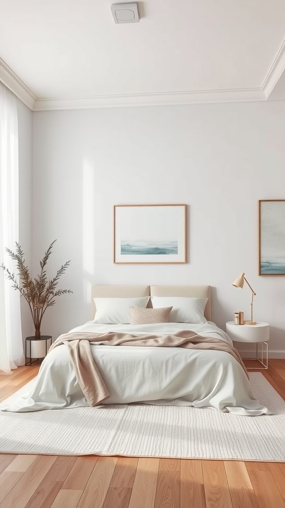 A minimalist bedroom featuring simple artwork on the walls.