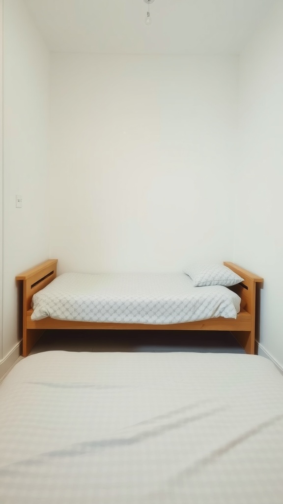 A minimalist bedroom with simple bedding on a wooden bed frame