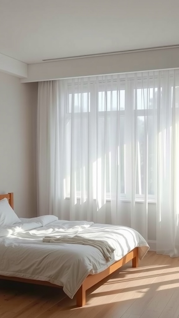 A minimalist bedroom with a bed and sheer curtains allowing natural light to filter in.