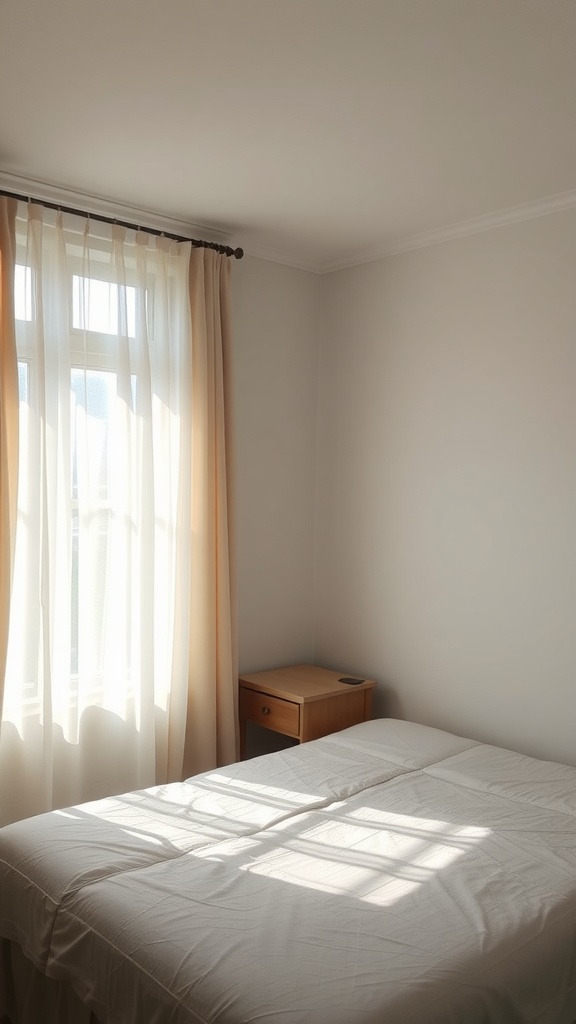 A minimalist bedroom with soft sheer curtains and a wooden bedside table.