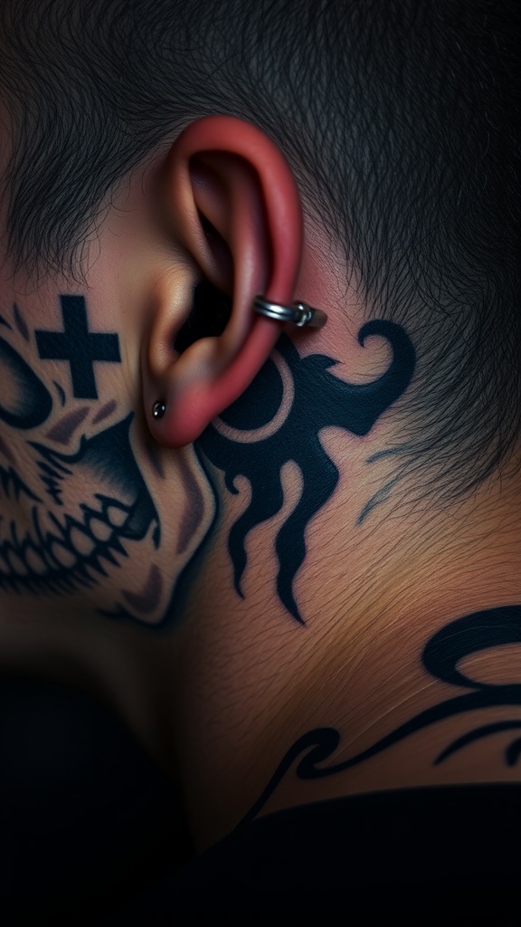 A close-up view of a skull tattoo behind the ear with gothic elements.