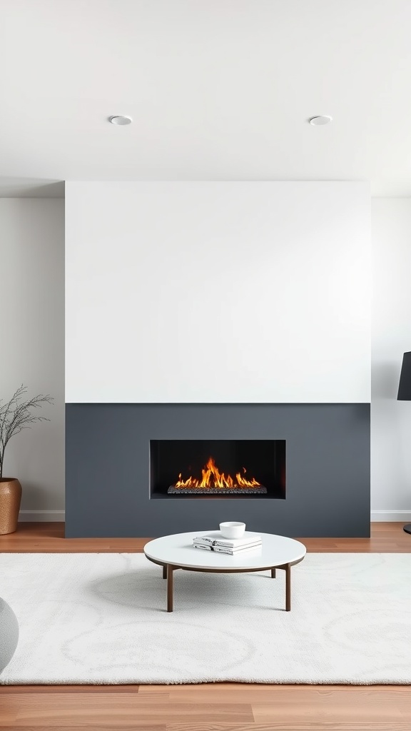 A modern gas fireplace with a sleek linear design, featuring a dark base and a light wall, complemented by a round coffee table.