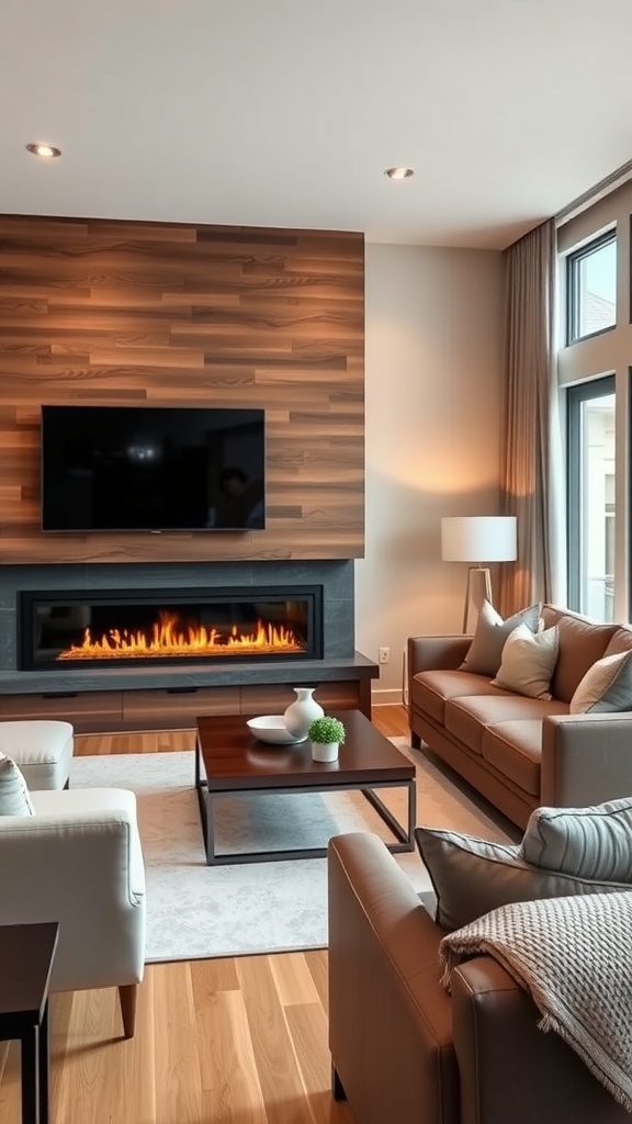 Cozy living room featuring a gas fireplace with a TV mounted above, showcasing a smart and functional layout.