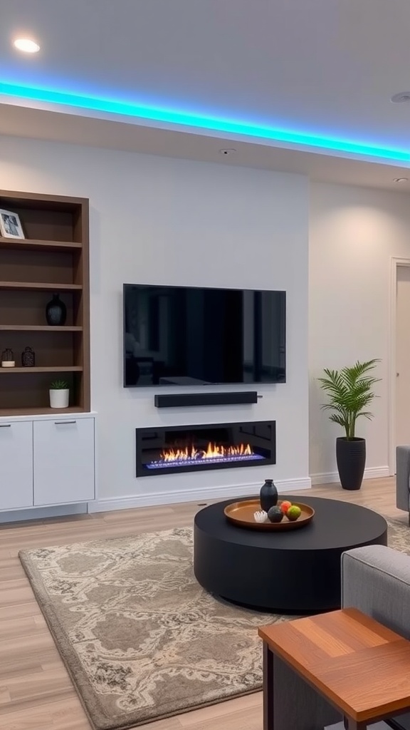 A cozy living room featuring a gas fireplace with a TV mounted above it, surrounded by modern decor.