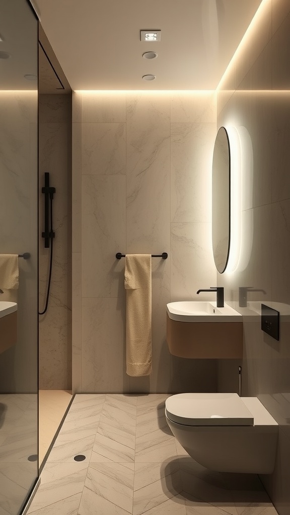 A modern Japandi bathroom featuring smart lighting with recessed lights and a glowing mirror.