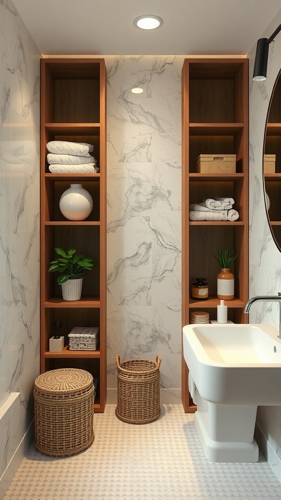 A compact Japandi bathroom featuring smart storage solutions with wooden shelves, towels, and decorative items.