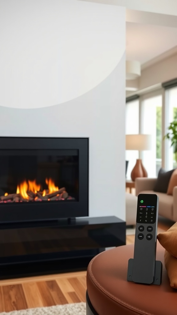 A modern gas fireplace with a remote control on a leather seat, showcasing smart technology integration.