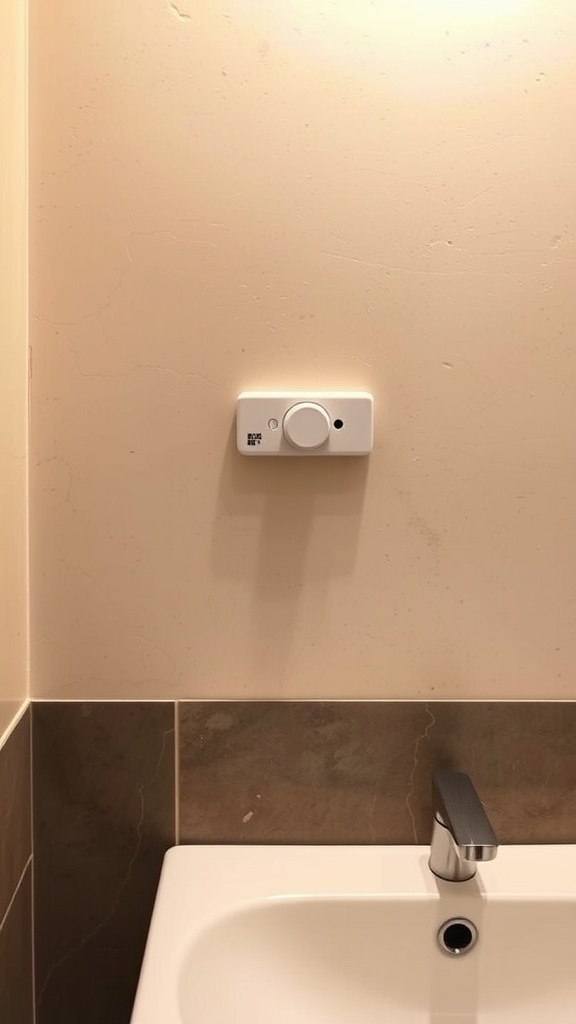 A soft dimmer switch mounted on a wall in a modern bathroom.