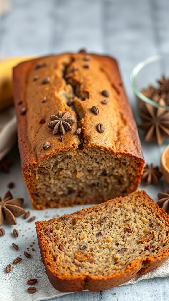 A loaf of spiced banana bread with slices cut, featuring warm spices such as nutmeg and cloves.