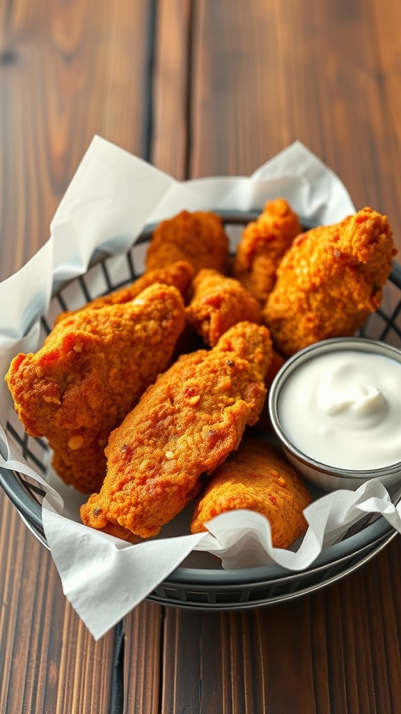 Basket of spicy air fryer chicken tenders with dipping sauce