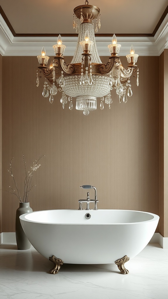 A luxurious chandelier above a freestanding bathtub in a Japandi-style bathroom.