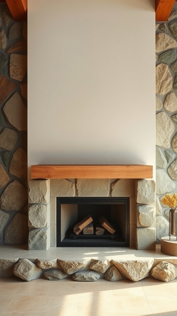 A modern rustic fireplace with a stone surround and wooden mantel.