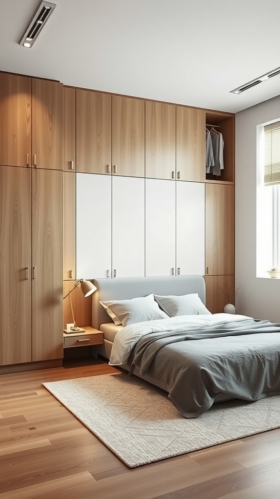 A minimalist bedroom with streamlined storage solutions featuring wooden cabinets and a cozy bed.