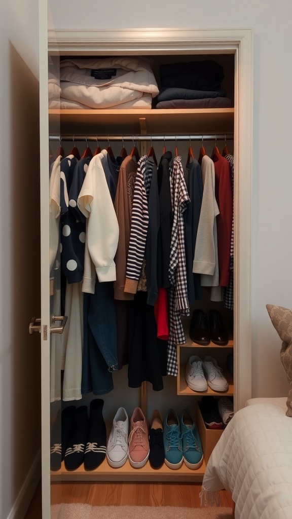 An organized wardrobe displaying neatly hung clothes and a structured shoe rack.