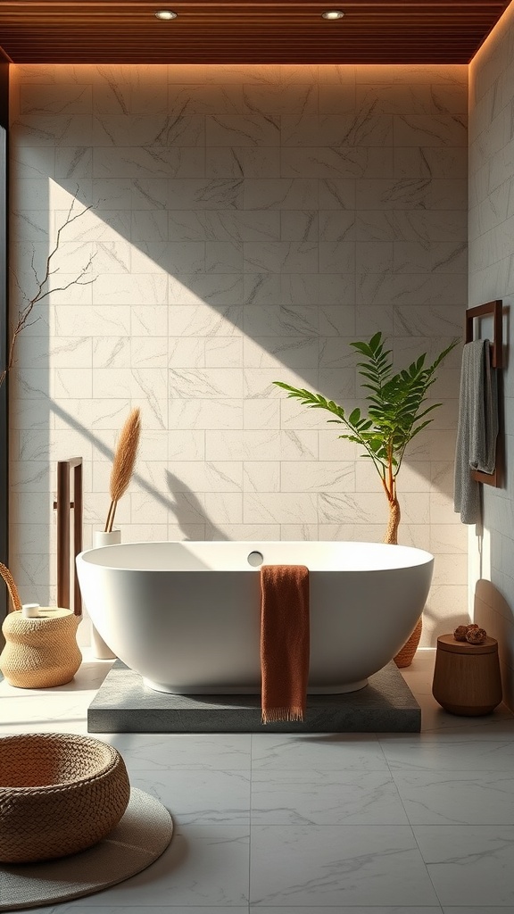 A modern Japandi-style bathroom featuring a sleek white bathtub on a stone base, surrounded by neutral colors and natural elements.