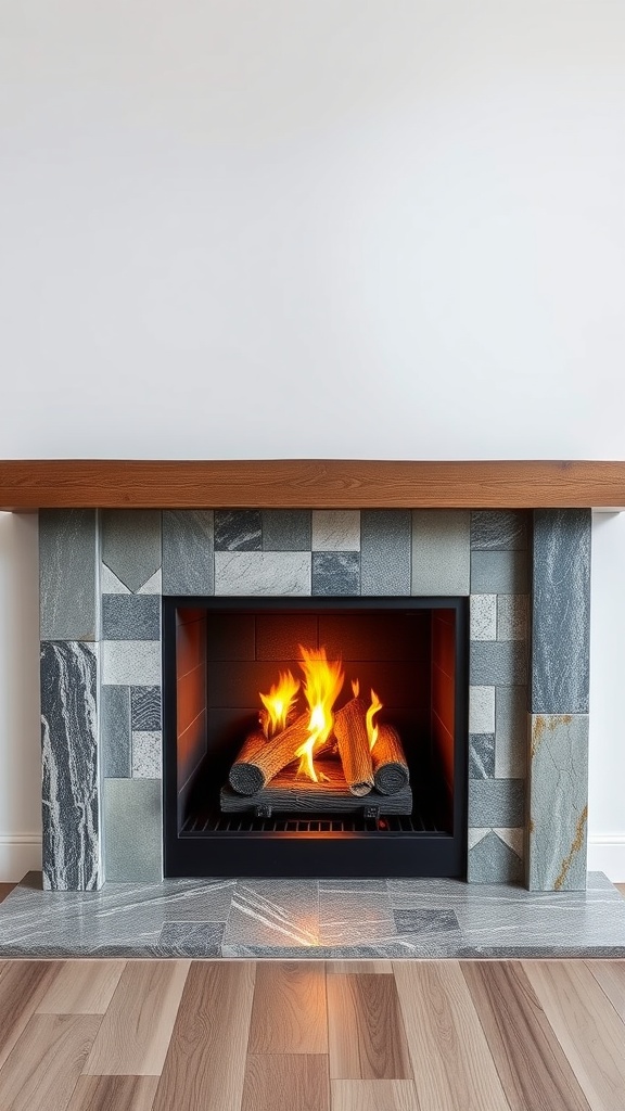 Modern gas fireplace with a stylish stone surround and wooden mantel