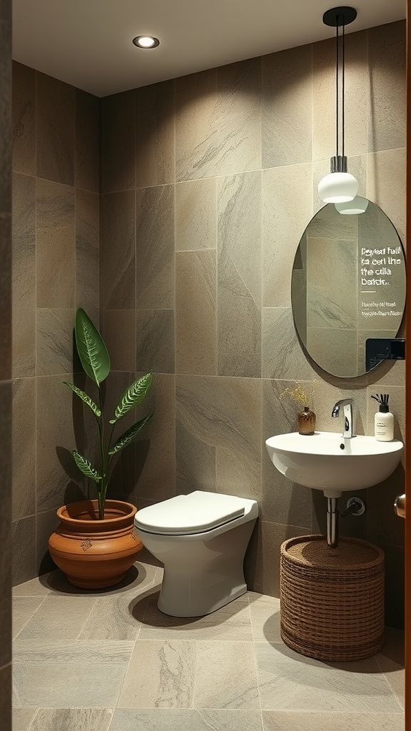 A modern Japandi bathroom featuring stone walls, a plant, and minimalist fixtures.