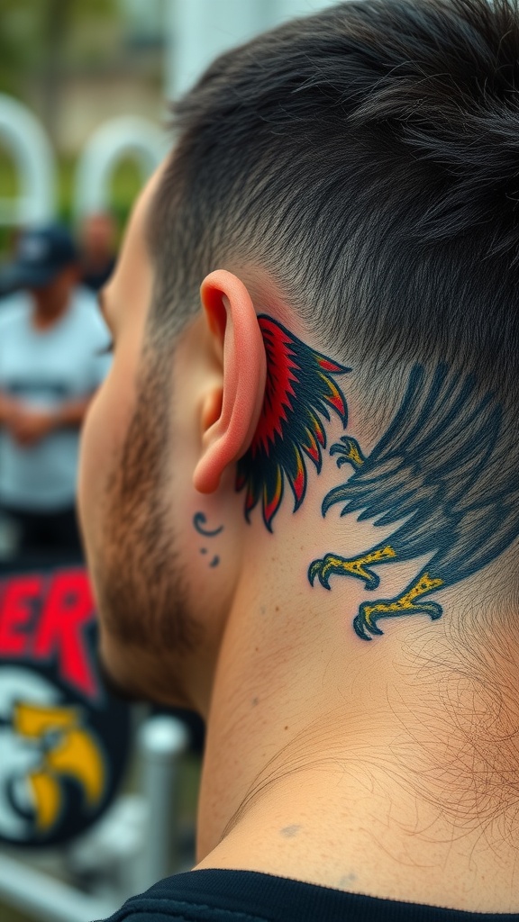 A close-up image of a man's tattoo featuring a colorful bird design behind his ear.