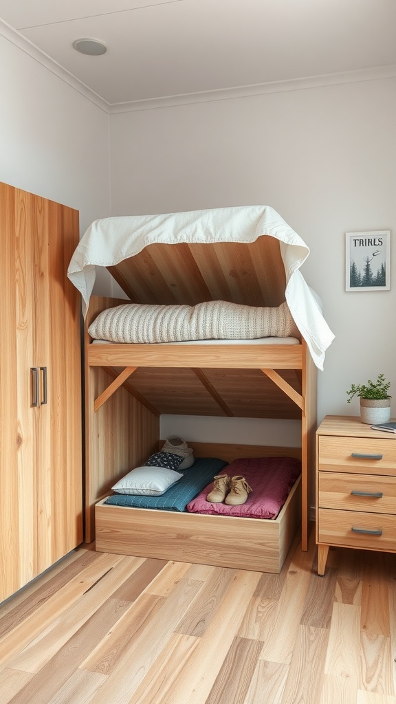 A minimalist bedroom with a wooden bed frame featuring under-bed storage drawers.