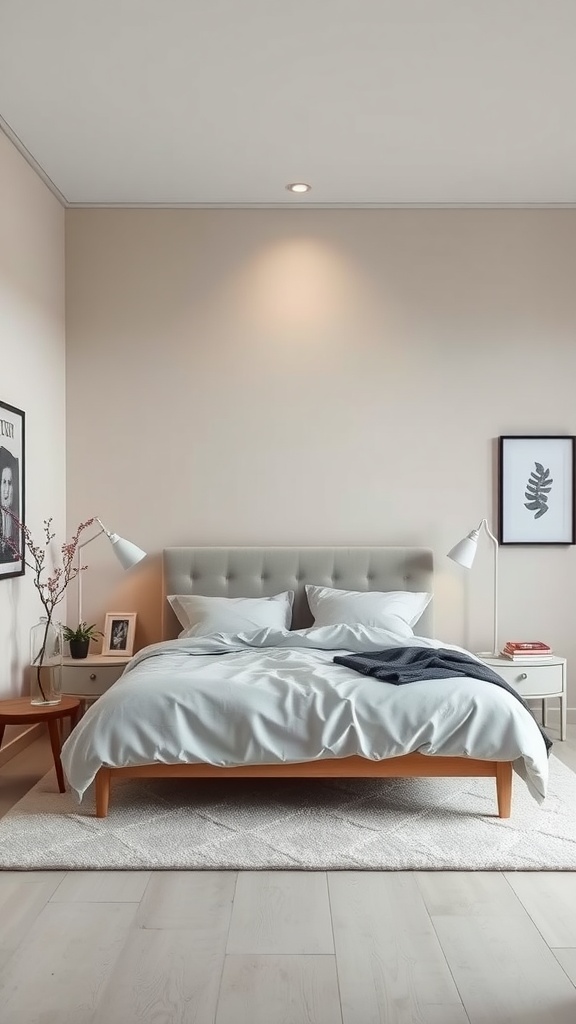 A minimalist bedroom featuring a light-colored bed with soft bedding, a small table, and simple wall decor.