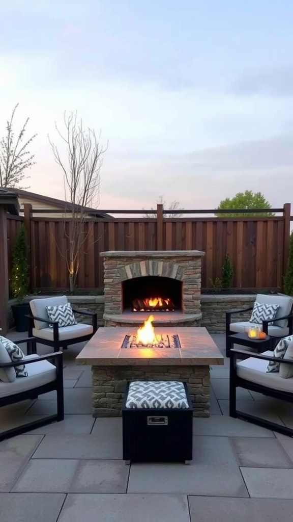 A cozy outdoor fire pit with seating, featuring a stone fireplace and a warm flame.